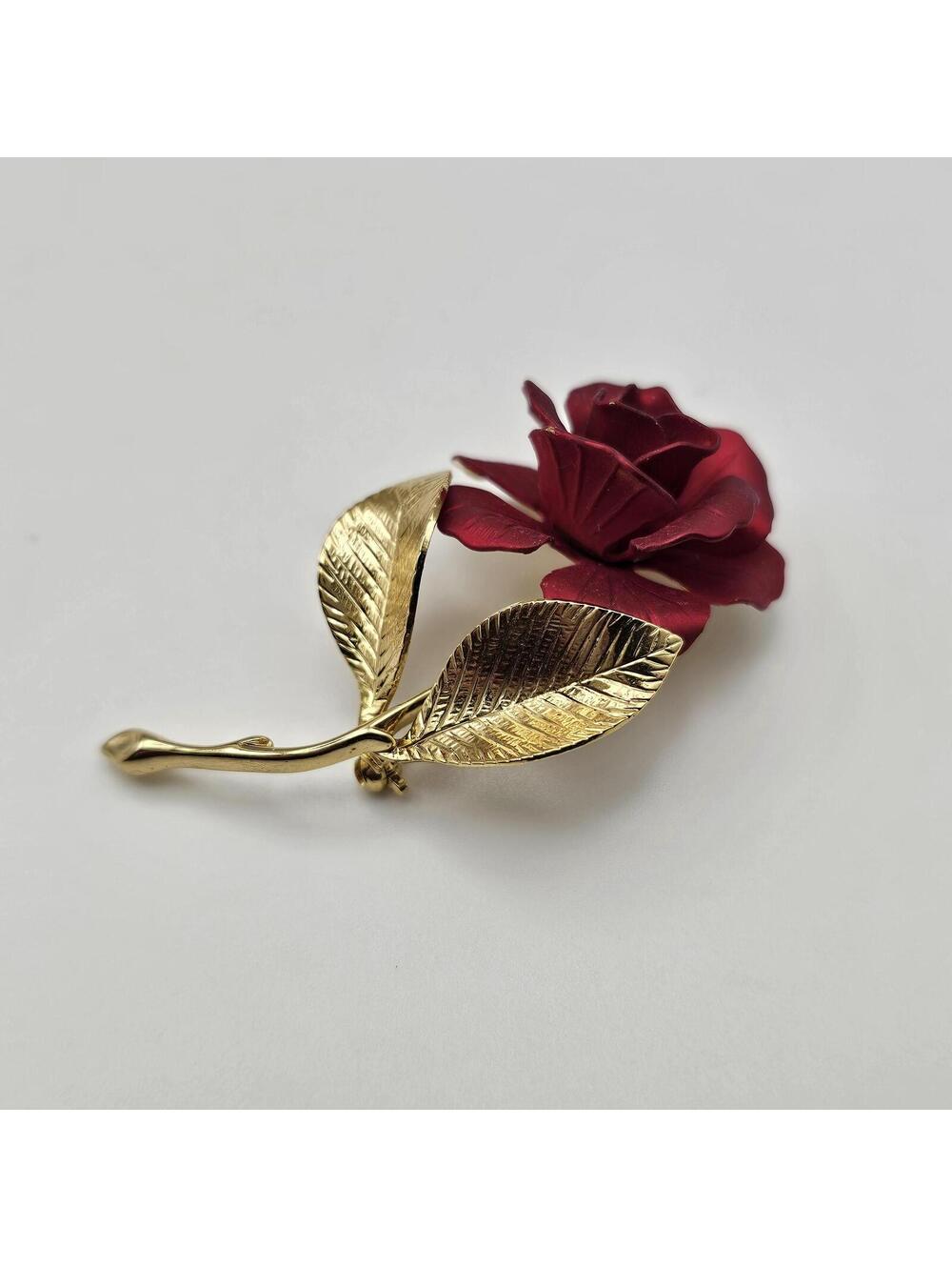 Vintage Cerrito Red Rose Brooch Gold Tone Enamel Floral Pin - Picture 1 of 9